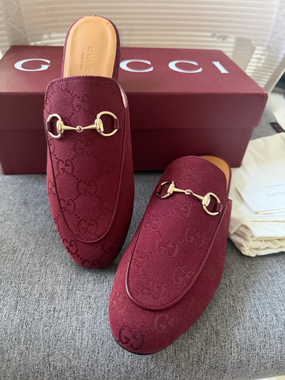 Gucci Burgundy GG Canvas Horsebit Slides Mules in size 7